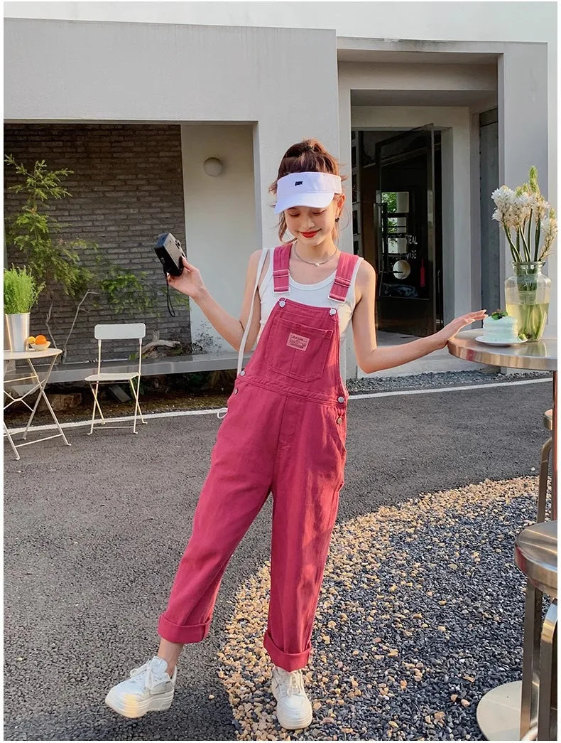 Vintage Pink Denim Overalls Adjustable Strap Wide Leg Jumpsuit Y2K Cute Campus Casual Pants