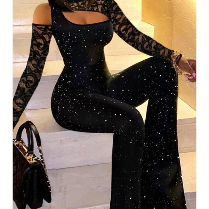 Simple Style Jumpsuits For Woman Jumpsuit Solid Color Long Sleeves Off Shoulder Lace Patchwork Slim Fashion High Neck Commuting