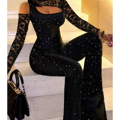 Simple Style Jumpsuits For Woman Jumpsuit Solid Color Long Sleeves Off Shoulder Lace Patchwork Slim Fashion High Neck Commuting