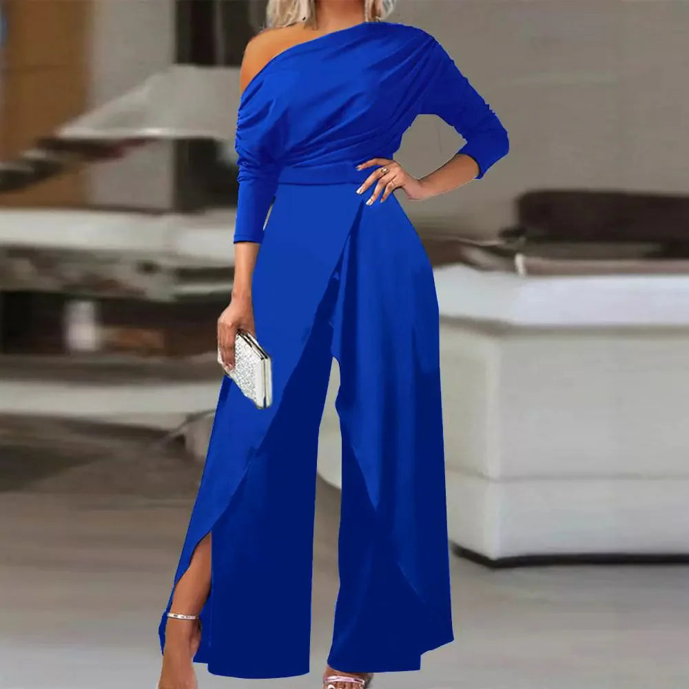 Casual Off Shoulder Jumpsuits Women Spring Autumn Irregular Ruched Wide Leg One Pieces Sets Office Ladies Elegant Party Romper
