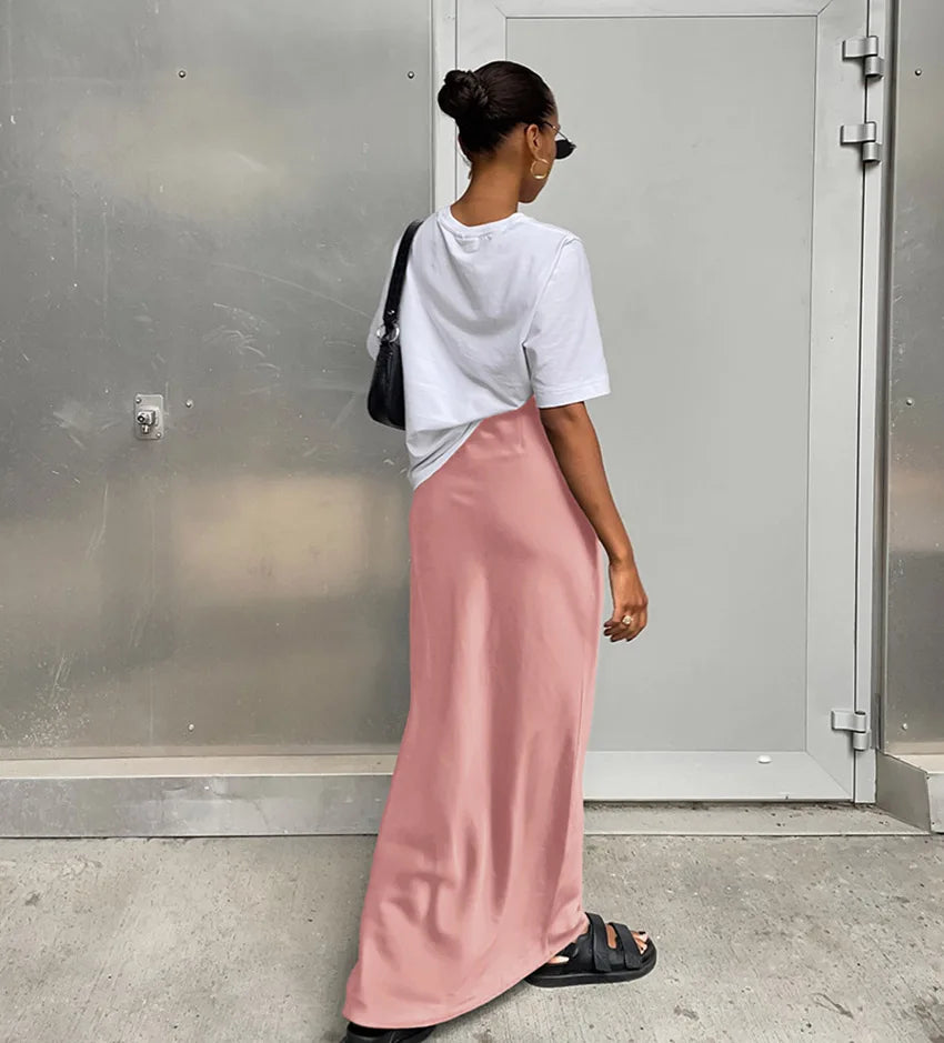 Elegant Satin Black Trumpet Skirts Fashion Slim High Waist Skirts Women Female Solid Office Long Skirt Spring Summer
