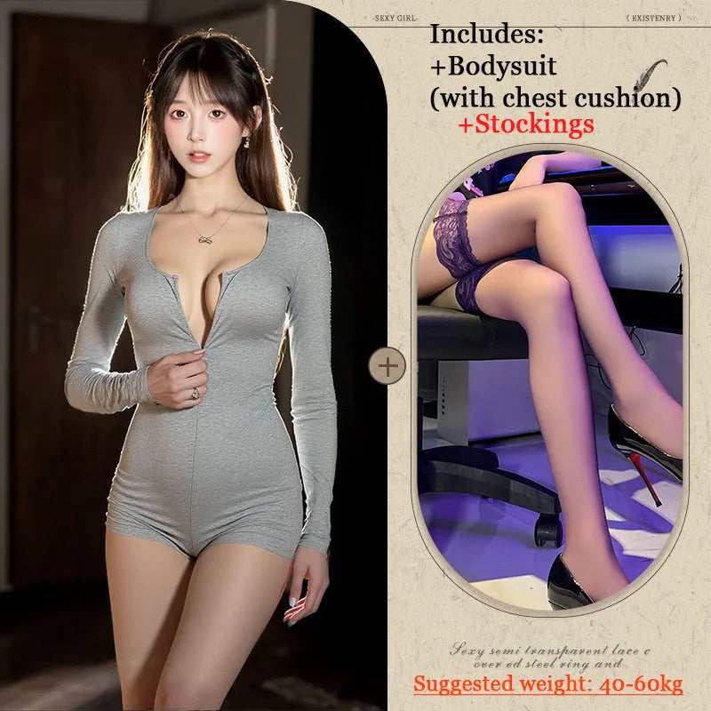 Sexy Short Yoga Open Crotch Bodysuit Long Sleeve Slim Fit Solid Color V-Neck Female Fitness Shorts Low-Cut Zipper Sportwears