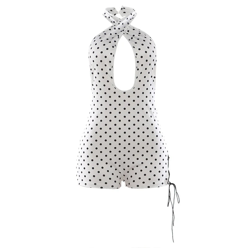 Kliou Sexy Hollow Design Playsuits Woman Polka Dot Print Halter Backless Sleeveless Skinny Peach Hip Midnight Club Party Rompers