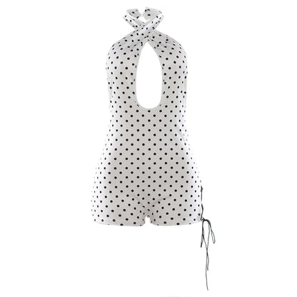 Kliou Sexy Hollow Design Playsuits Woman Polka Dot Print Halter Backless Sleeveless Skinny Peach Hip Midnight Club Party Rompers