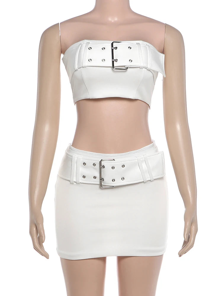 Cutenew Simple 2 Piece Set Women Metal Buckle Sexy Crop Tank Top+Mini Peach Hip Skirts Hottie Midnight Street Party Suits