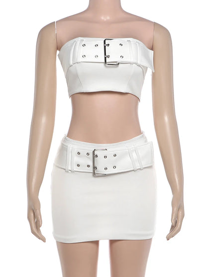 Cutenew Simple 2 Piece Set Women Metal Buckle Sexy Crop Tank Top+Mini Peach Hip Skirts Hottie Midnight Street Party Suits