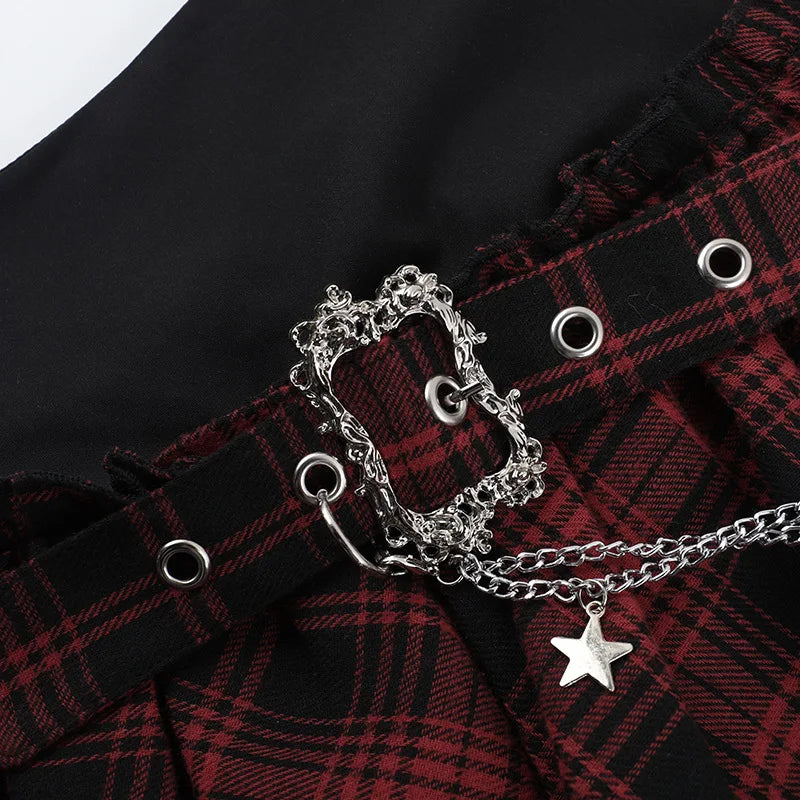 Plaid Print Patchwork Irregular Mini Kpop Casual Skirt Hot Girl Summer All Match Gothic Aesthetic Grunge Streetwear Ruffle Skirt