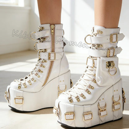 Platform Ankle Boots Belt Buckle Button Lace-Up Women Shoes Round Toe Wedges Solid Color Fashion Luxury Elegant Concise Sexy New