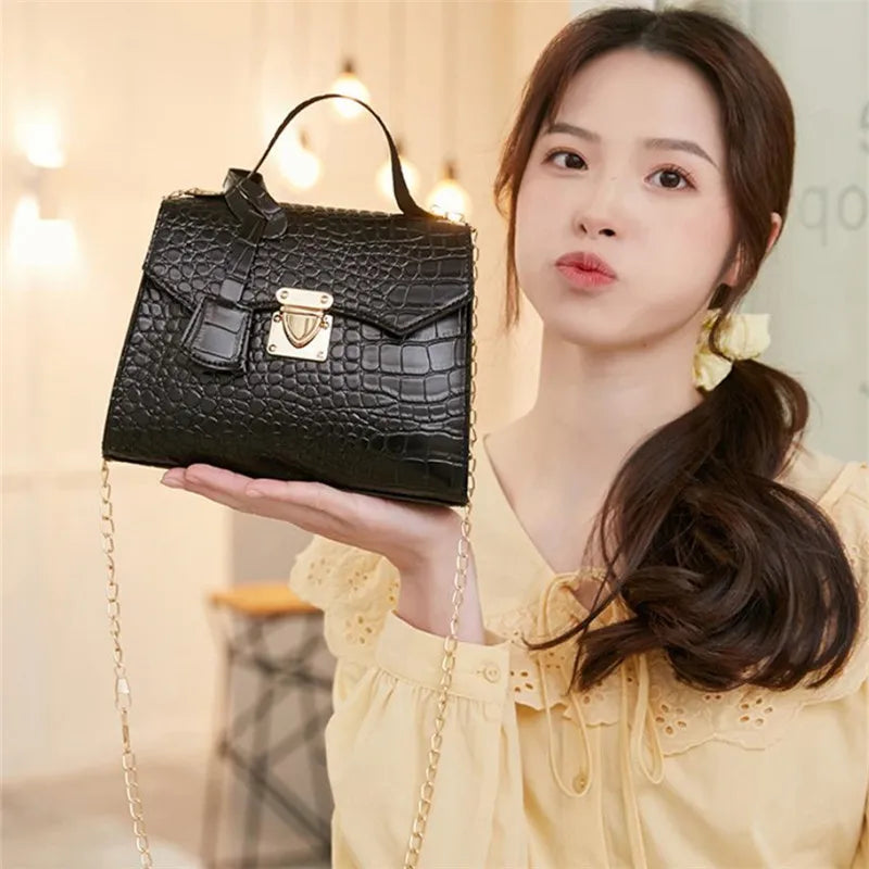 Chic Crocodile Small Tote Bag Ladies Handbag Vintage Square Bag Stylish Chain Shoulder Crossbody Bags Daily Use Phone Coin Purse