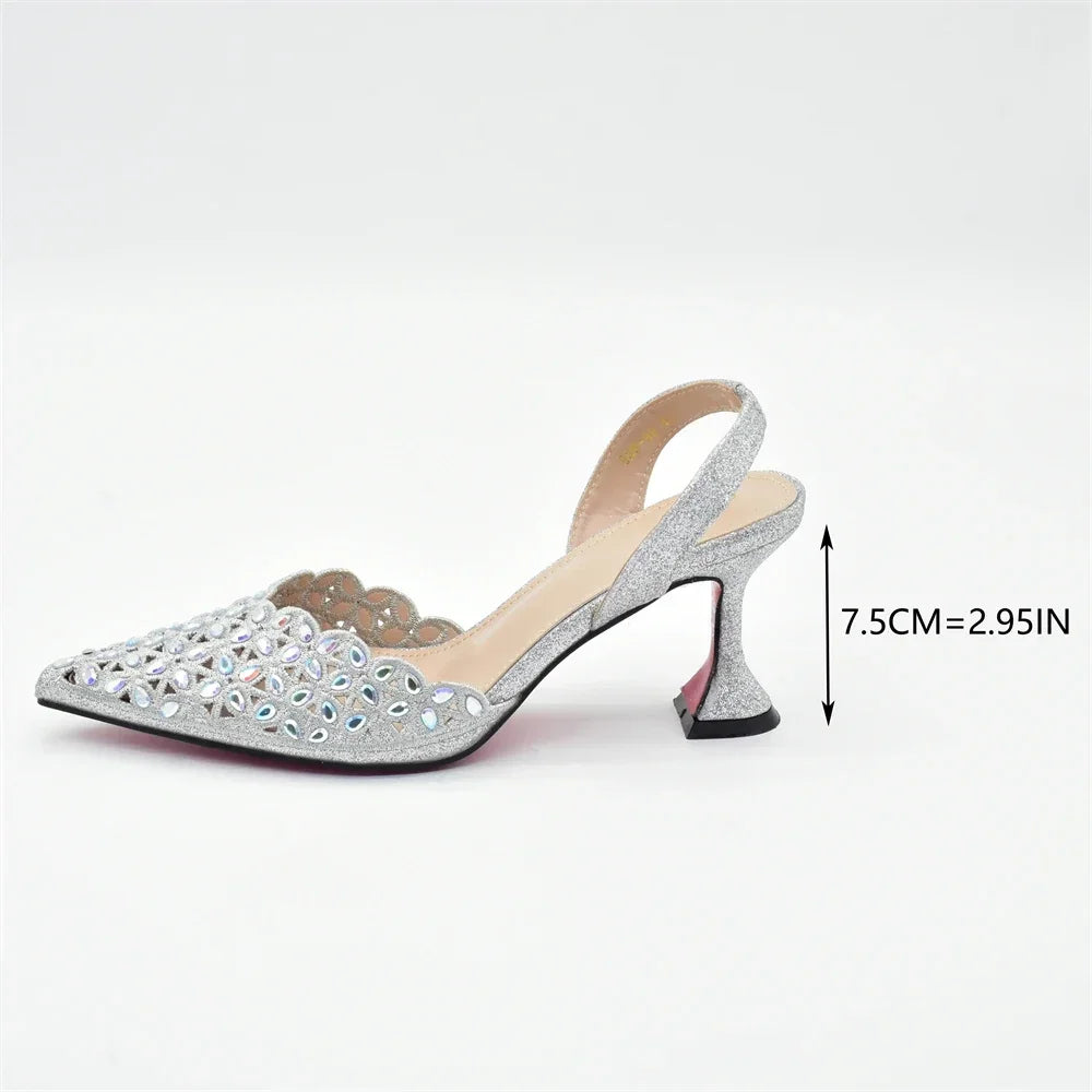 New Design Nigerian Women Shoes and Bag Set Decorated with Rhinestone in Italy African Party Luxury Heel Shoes Pumps with Heels