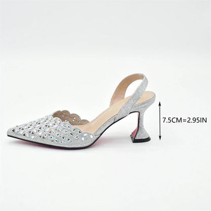 New Design Nigerian Women Shoes and Bag Set Decorated with Rhinestone in Italy African Party Luxury Heel Shoes Pumps with Heels