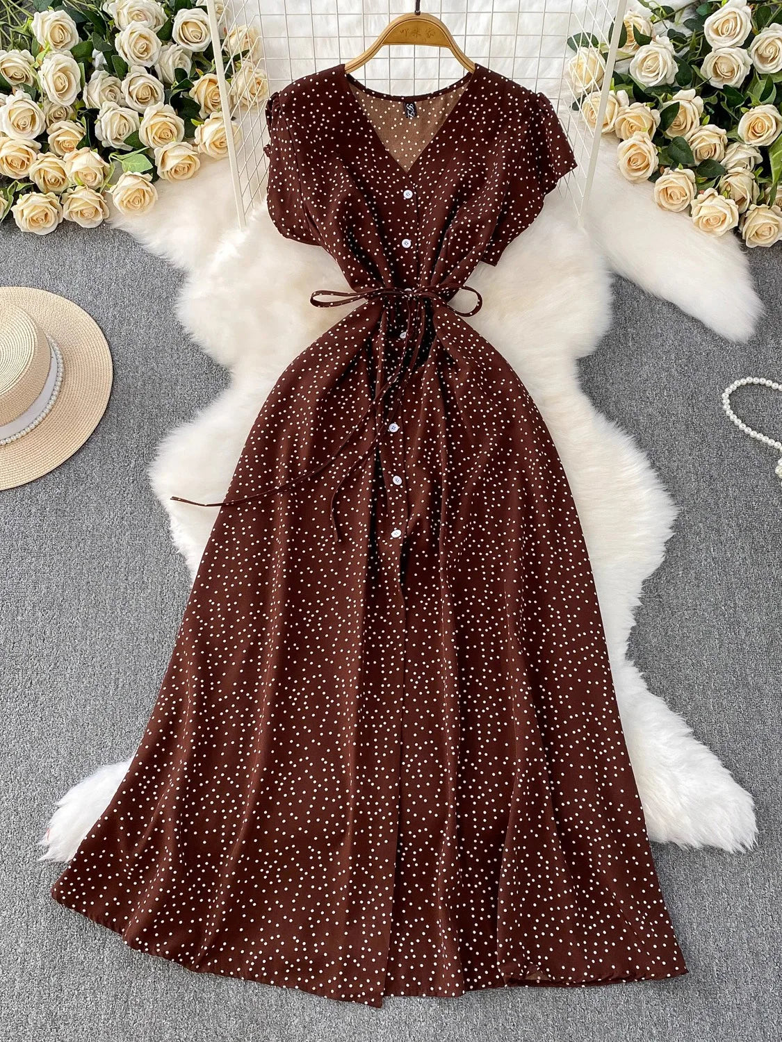Summer Women Polka Dot Long Dress Vintage V-Neck Flying Sleeve High Waist Single Breasted A-Line Casual Vestidos Female Robe New