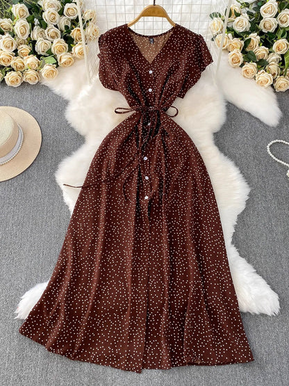 Summer Women Polka Dot Long Dress Vintage V-Neck Flying Sleeve High Waist Single Breasted A-Line Casual Vestidos Female Robe New