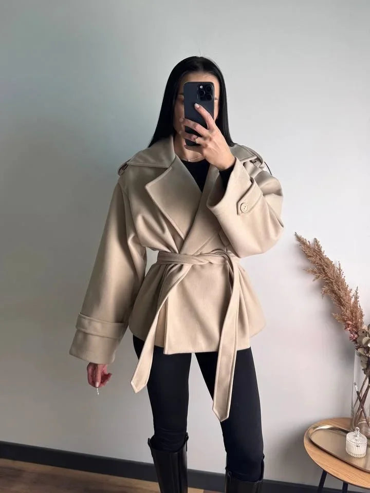 Women Short Wool Blend Trench Coat Lapel Collar Belted Waist Wrap Long Sleeve Loose Overcoat Casual Autumn Winter Lady Jackets