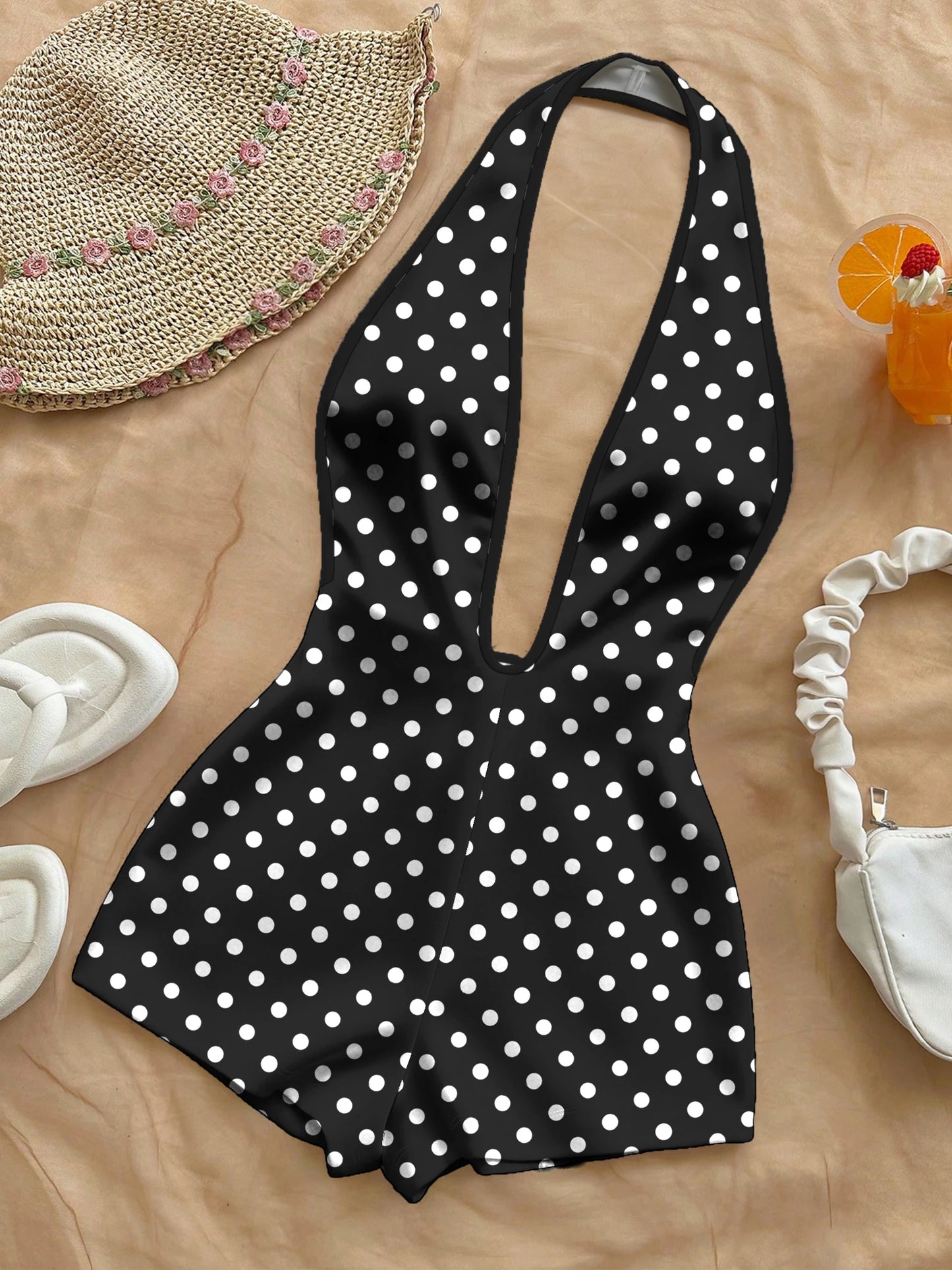 French-Style Retro Polka Dot Halter Neck Jumpsuit, Deep V Backless Waist-Cinching Slimming Hot Girl Beach Casual Jumpsuit