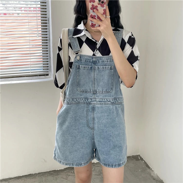 Women's Denim Overalls Short Trousers Wide Leg Loose Fit Thin Jumpsuit Korean Style for Petite Ladies Casual Clothing