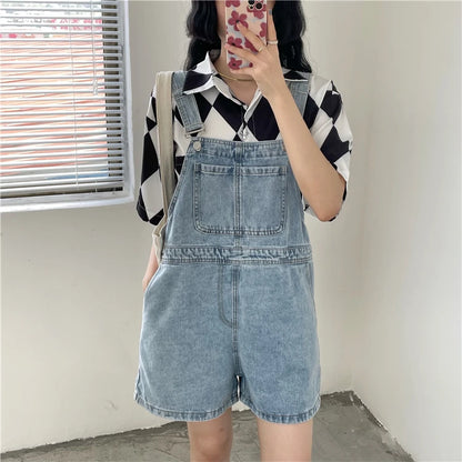 Women's Denim Overalls Short Trousers Wide Leg Loose Fit Thin Jumpsuit Korean Style for Petite Ladies Casual Clothing