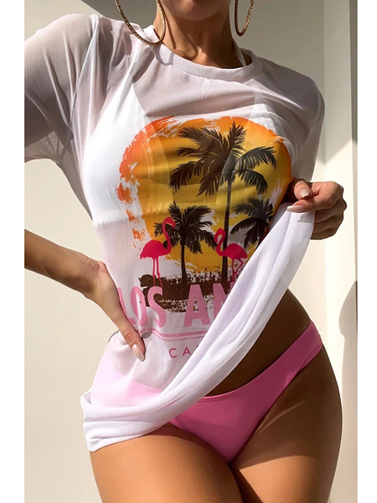 2026 New Tropical Print Three Pieces Bikini Set Thong Women Swimsuit with Cover Up Short Sleeve Biquini Swimwear Bathing Suit