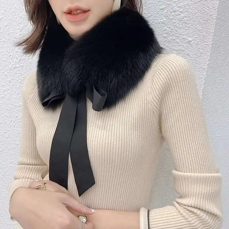 Winter Warm Fox Fur Collar Female Real Fur Collar Fashion Fluffy Clothing Accessories Collar Women Luxury Fur Scarf With Ribbons