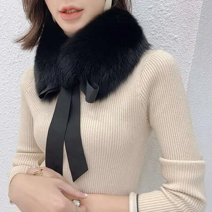 Winter Warm Fox Fur Collar Female Real Fur Collar Fashion Fluffy Clothing Accessories Collar Women Luxury Fur Scarf With Ribbons