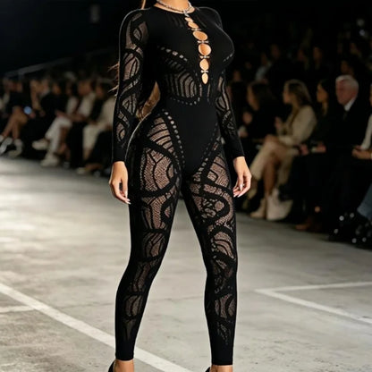 Sheer Mesh Cutout Jumpsuit, Black Long-Sleeve Bodycon Catsuit with Chest Cutouts, Night Out & Festival Wear