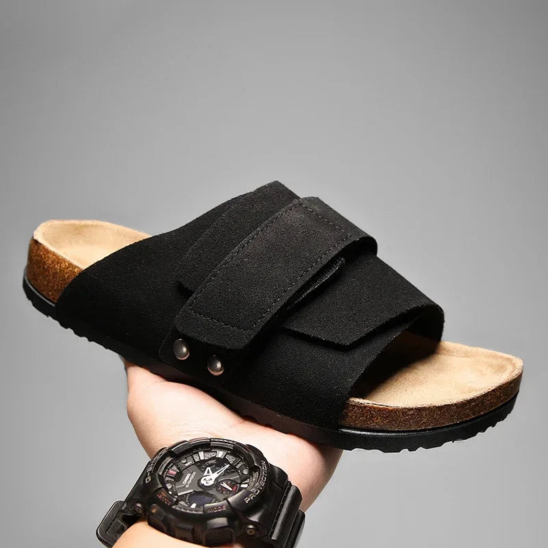 Cork Slippers Men Summer Beach Slides Suede Leather Womens Flat Sandals Fashionable Outdoor Male Mules Non Slip Babouche Femm