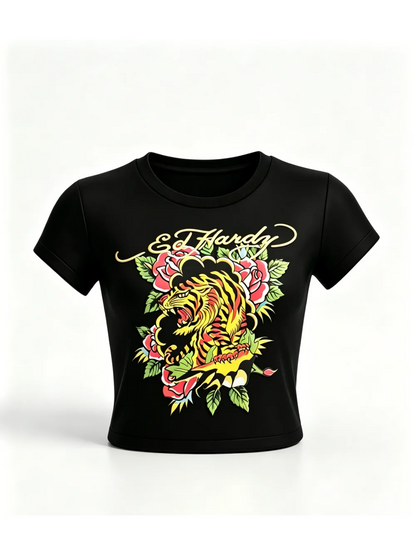 2026 new American retro summer tiger print short sleeved round neck spicy girl top street punk trend niche casual versatile ins