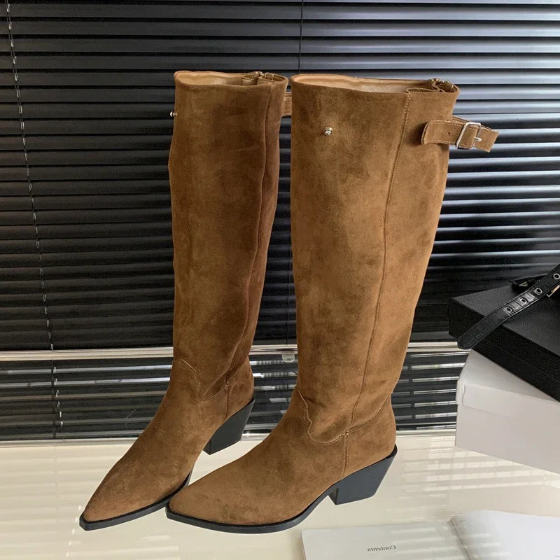 Eilyken Designer Belt Buckle Pointed Toe Women Knee-High Boots Fashion Winter Zipper Square Low Heels Female Shoes
