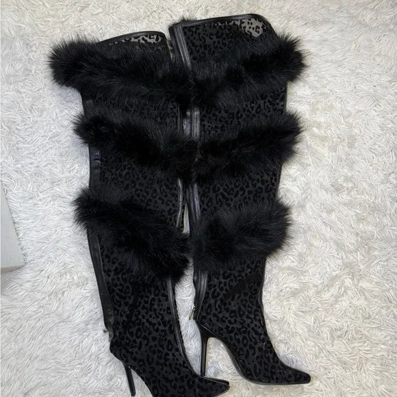 Black Lace Leopard Print Pointed-Toe Thigh-High Boots Faux Fur Stiletto Heel Sexy Sheer Mesh Detail Large Size Women's Boots