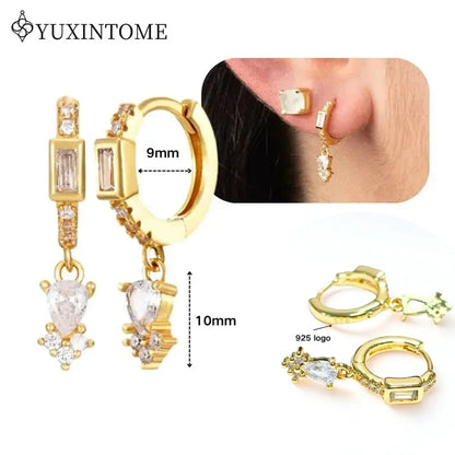 Women's 925 Sterling Silver Ear Needle Crystal Zircon Water Droplets Stud Hoop Gold Huggie Earrings Premium Luxury Party Jewelry