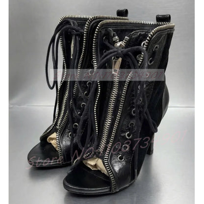 Zip Up Peep Toe Ankle Boots Women High Heels Black Leather Solid Lace-up Shoes