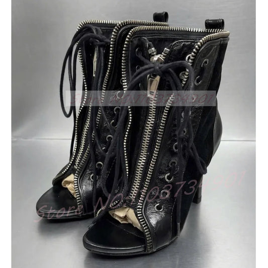 Zip Up Peep Toe Ankle Boots Women High Heels Black Leather Solid Lace-up Shoes