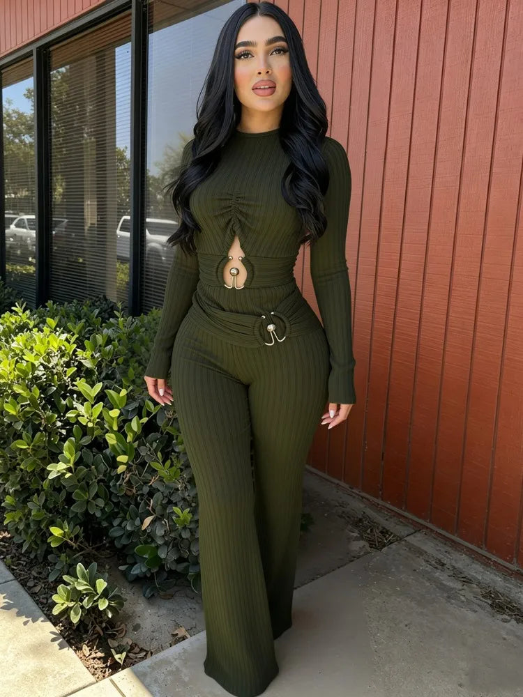 Solid Women Jumpsuits For Spring Autumn Long Sleeve O-Neck Loose Fashion Streetwear Hollowed Out Overalls Pants Trousers 2026