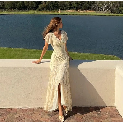 Fashion V-neck Floral Women Maxi Dress Flutter Sleeve Lace Trim High Waist Chiffon Vestidos Summer Female Daily Vacation Dresses