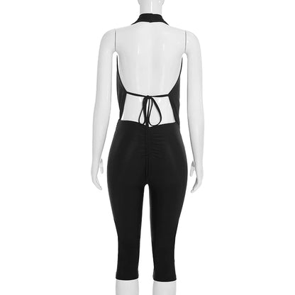 Solid color sleeveless hanging neck, backless strap, slim fit seven inch long jumpsuit