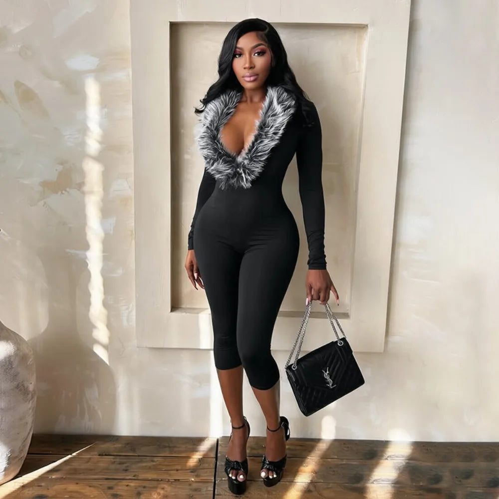 FLARORA Sexy Faux Fur Patchwork Capri Jumpsuits Woman Deep V Neck Full Sleeve Skinny Peach Hip Midnight Party Clubwear Overalls