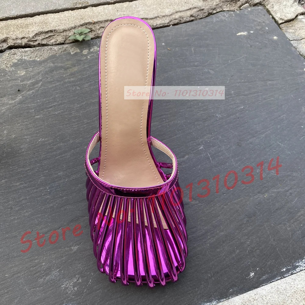 Cage Round Toe Metallic Mules Women New In Sexy Luxury High Heel Shoes Female Thin Strap 2023 Summer Elegant Chic Solid Slippers