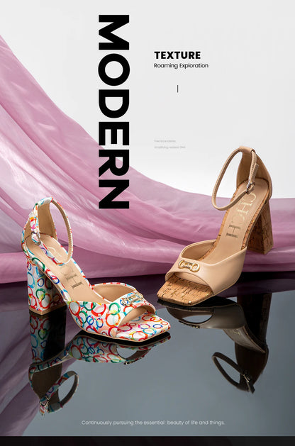 2024 Fashion High Heels Women's Luxury Design Sandals Metallic Flower Square Toe Fine Heel Party Dress Shoes High Heels