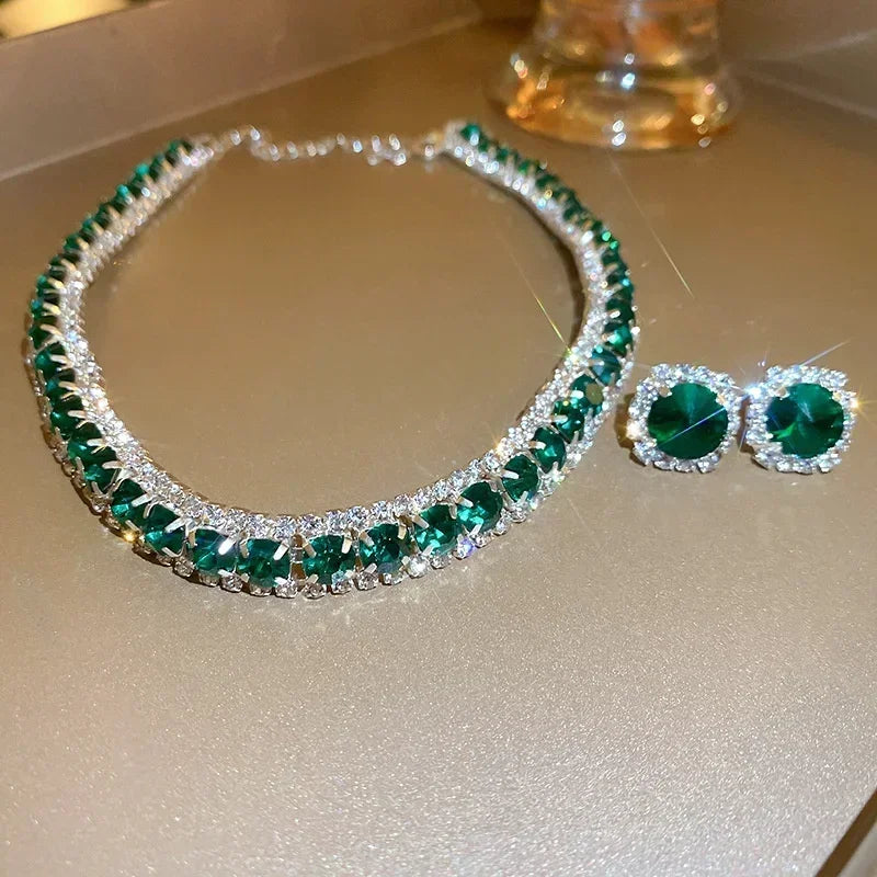 FYUAN Luxury Crystal Necklace Earrings Set Pink ABcolourful Necklace for Women Weddings Party Jewelry Sets Accessories