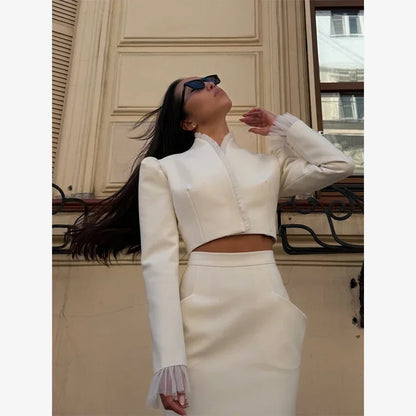 White Women's mesh two piece set Puff Sleeve V Neck blazer two piece dress set Daily Commuter Party  Outfit 2026 Summer Style