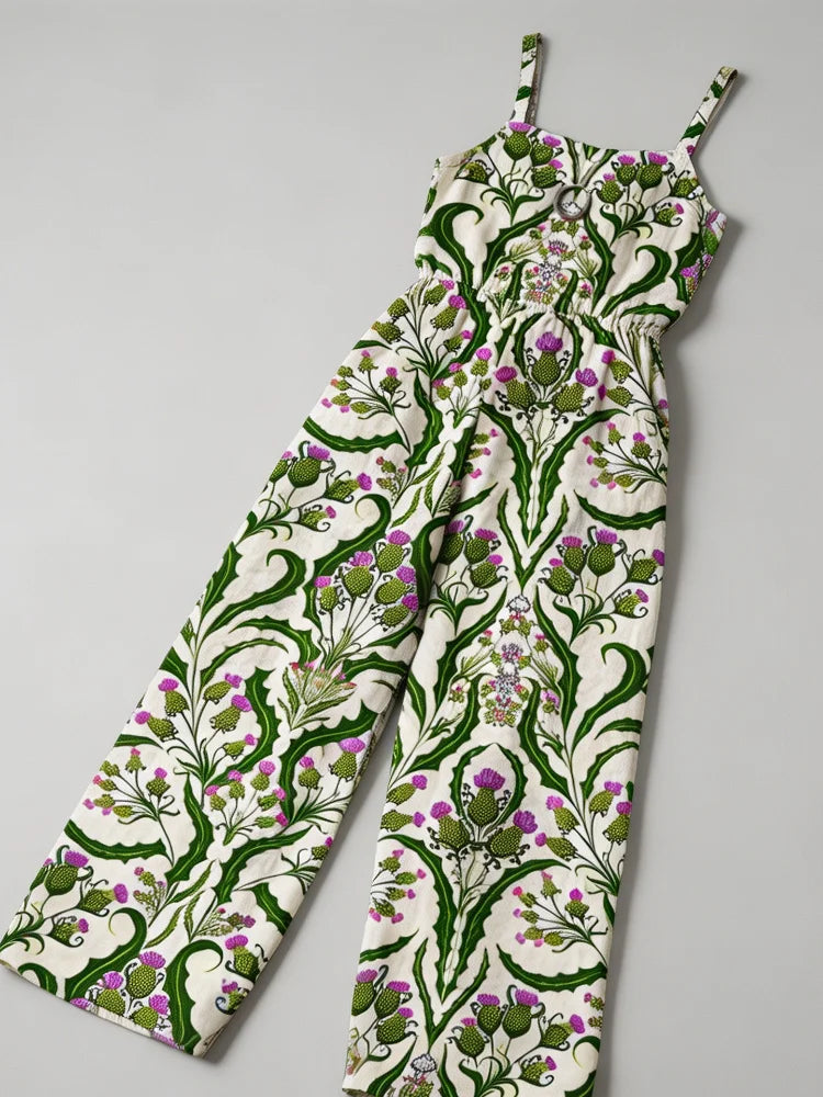 2026 New Style Fashion Women's Printed One-Piece Pants with Bohemian Square Collar, Loose Wide Leg, Elastic Waist, Green Thistle Print in Light Color, US Size, US Warehouse, Fast Shipping, Elegant Spring-Summer Outdoor Vacati