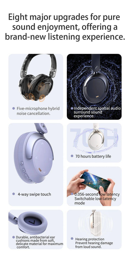 Hybrid ANC Over-Ear Bluetooth Headphones, Spatial Audio 3D Surround Sound Low Latency Gaming Headset with 70H Playback, Mics Noise Canceling Wireless Headphones with Touch Control & Hearing Protection