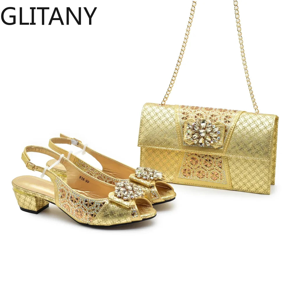 Latest Gold Shoe and Bag Set Women Italian Decorated with Rhinestone African Women Wedding Shoes Bride Plus Size Women Pumps 43
