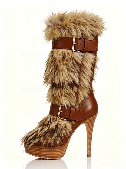 Fur Knee High Platform Boots Thin High Heel Buckle Strap Zipper New Arrivals Hot Sale 2026 Winter Women Dress Shoes Handmade