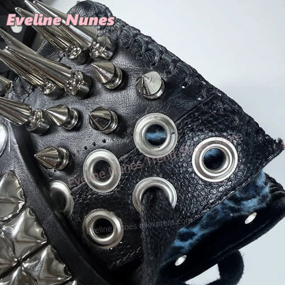 Blue Leopard Print Platform Knee High Boots Metal Spikes and Studs Decor Multi Strap Design Punk Goth Canvas Shoes 2026 Trend