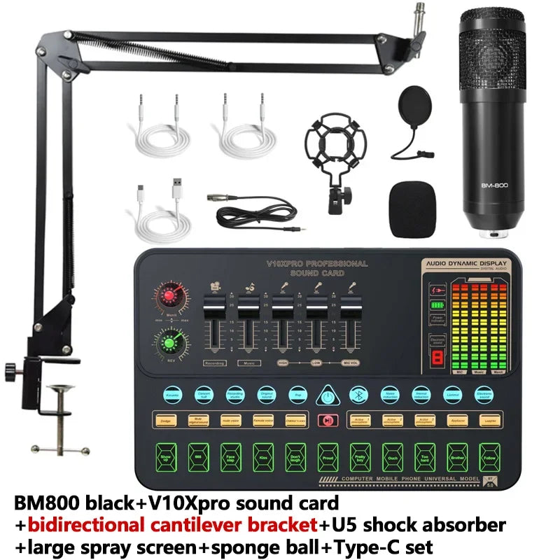 V10XPro Sound Card Studio Mixer Singing Noise Reduction Microphone Voice BM800 Live Broadcast Phone Computer Record V10X Pro set