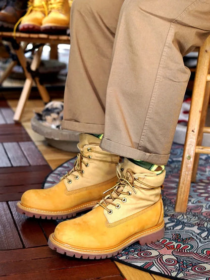 Casual Men Ankle Boots Lace Up Round Toe Cow Suede Leather Patchwork Canvas High Top Shoes Workwear Boots Hard Wearing Footwear