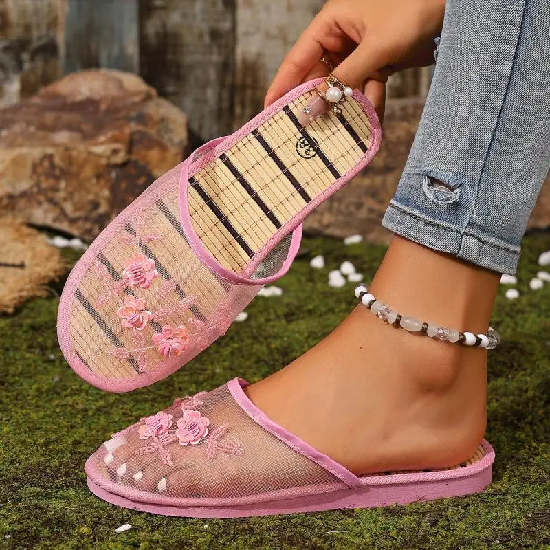 Mesh Breathable Embroider Sequin Flower Mules Shoes Summer Closed Toe Soft Bottom Sandals Female Chinese Style Bamboo Sandals