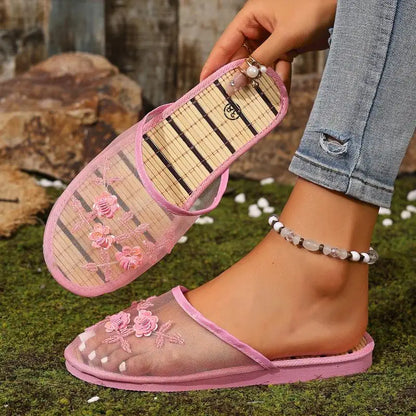 Mesh Breathable Embroider Sequin Flower Mules Shoes Summer Closed Toe Soft Bottom Sandals Female Chinese Style Bamboo Sandals