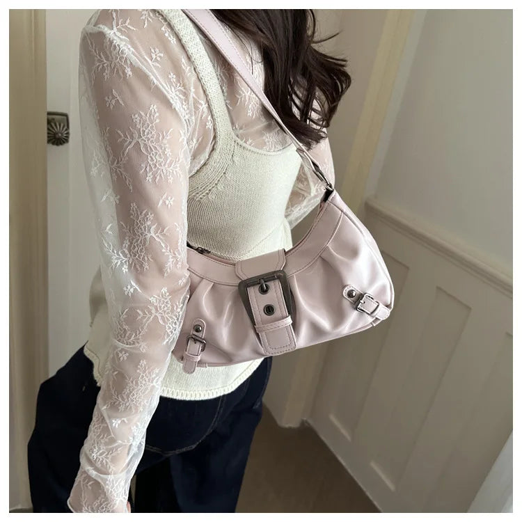 Fashion Pleated Lock Design Women's PU Shoulder Bags Simple Solid Color Ladies Underarm Bag Portable Cool Girls Phone Handbag